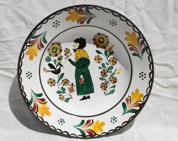 Traditional Vintage Flower and Lady Design Folk Pottery Plate, Vintage Peasant Flower Plate