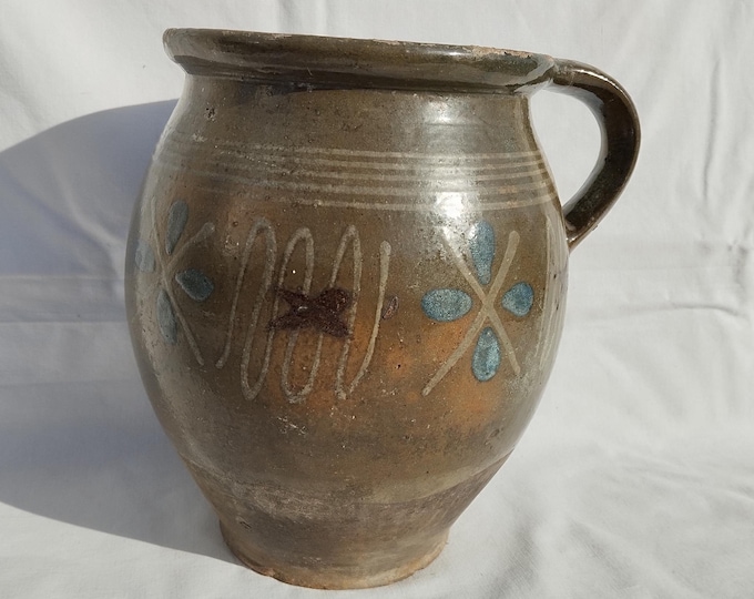 Folk Greenish Pitcher, Antique Ewer, Ceramic Pitcher, Ceramic Pottery