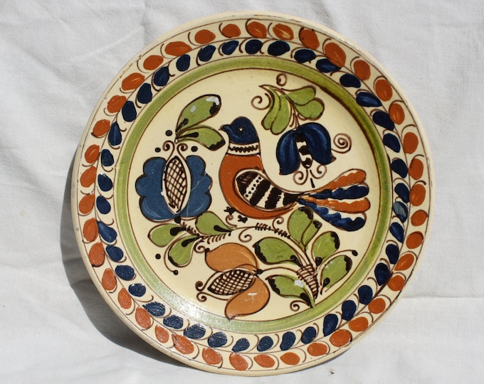 Clay Plate, Transylvania Bird Motif Pottery, Folk, Antique Peasant Plate