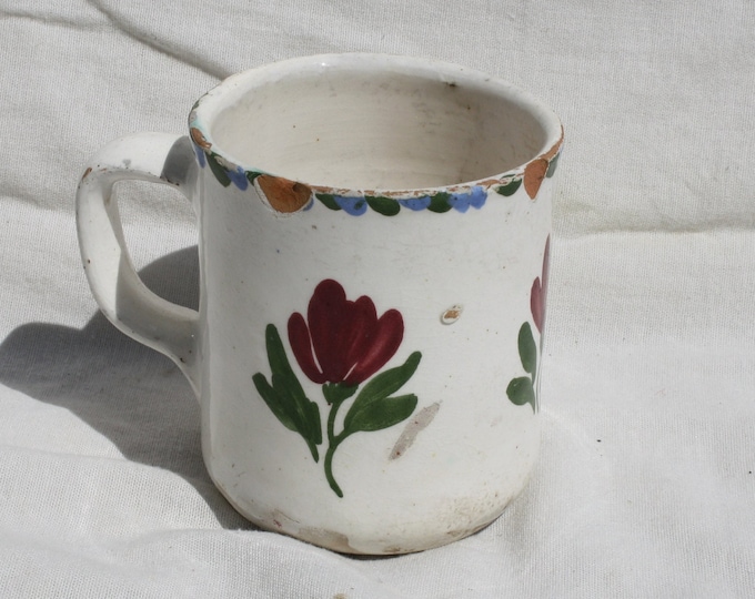 Antique Folk White Little Milk Mug, Stoneware Flower Decorated Hungarian Pitcher
