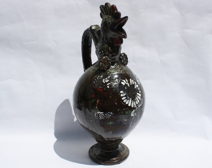 Traditional Folk Rooster Pitcher, Black Pitcher, Rooster Pour Pitcher, Vintage Pitcher, Water Pitcher, Rare Pitcher