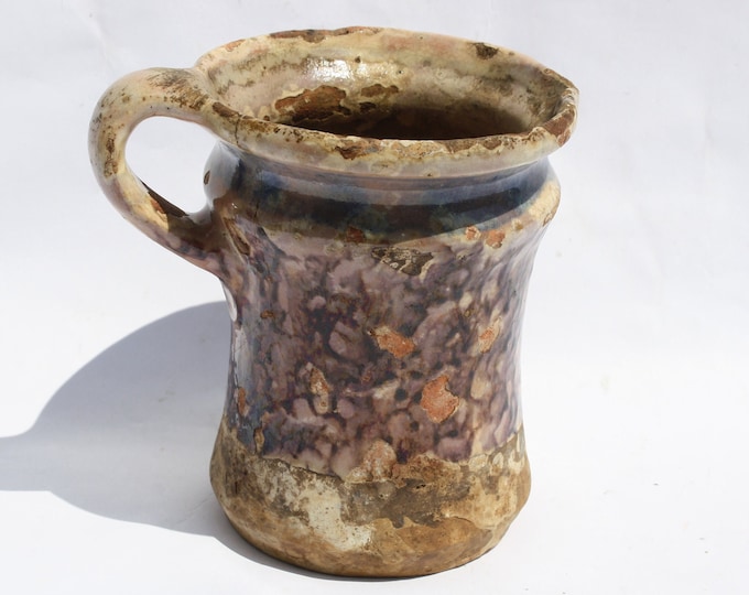 Antique Folk Traditional Splashed Glazed Pitcher, Brown Stoneware Jug