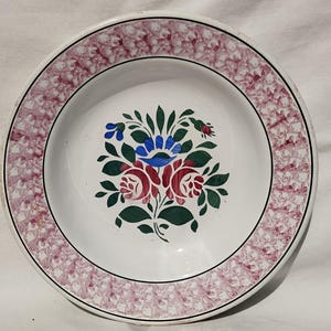 May include: A white ceramic plate with a pink rim and a floral design in shades of green, red, and blue. The floral design features roses and a blue flower.
