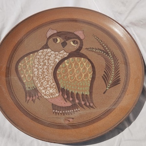 Enorm vintage spansk folkkeramik uggle fågel tallrik, vintage bondfågelscen Pintado a Mano tallrik