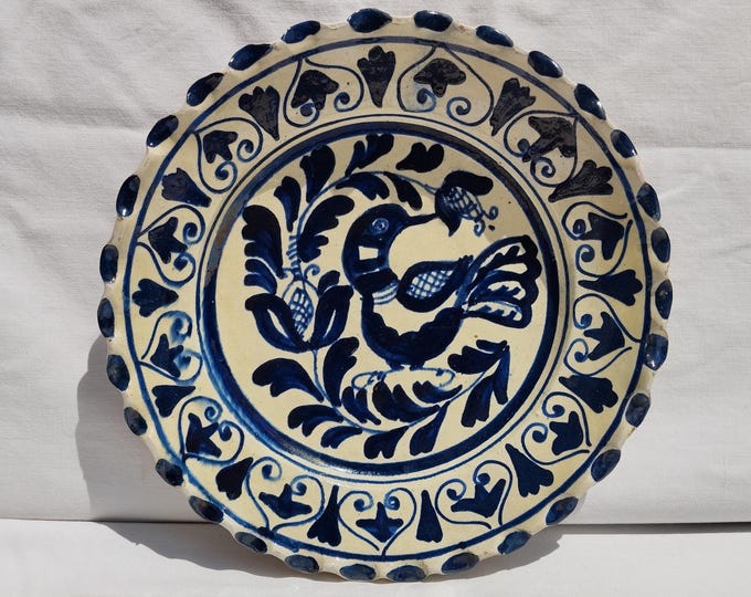 Traditional Folk Clay Plate, Transylvania Korond Pottery, Folk Bird Pottery, Antique Peasant Plate, Blue Bird Plate