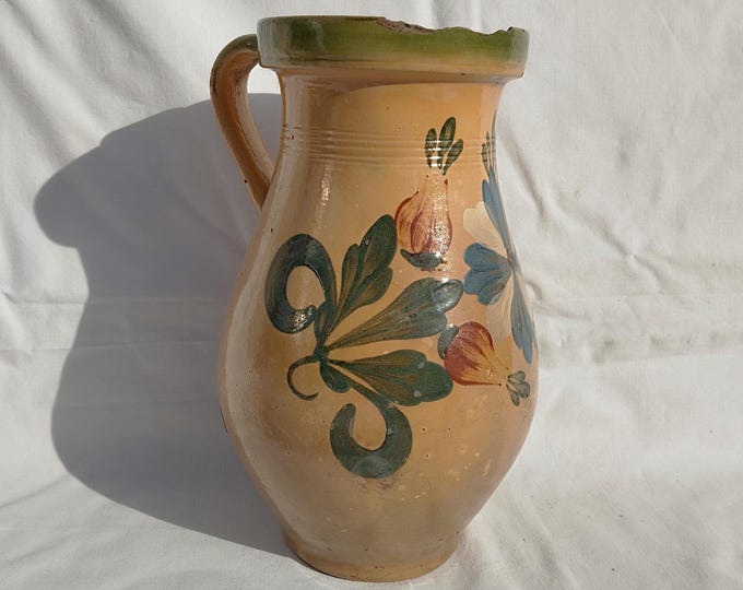 Antique Folk Stoneware Pitcher, Flower Decorated Orange Water Jug