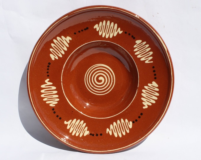 Ochre Yellow Ceramic Plate, Hungarian Traditional Pottery Clay Plate, Oak Leaf Design, Antique Peasant Plate