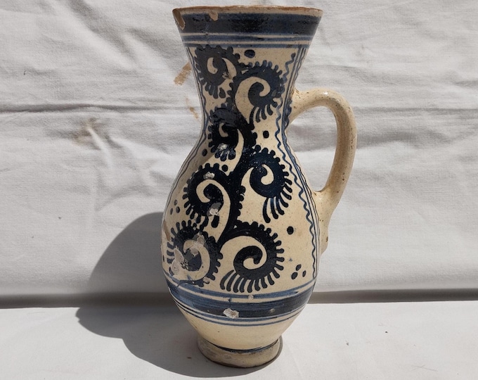 Traditional White Blue Ceramic Transylvania Vase, Antique Handpainted Blue Pottery