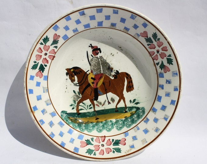 Rare Hollohaza Hussar Plate, Hungarian Pottery, Folk, Antique Peasant Plate