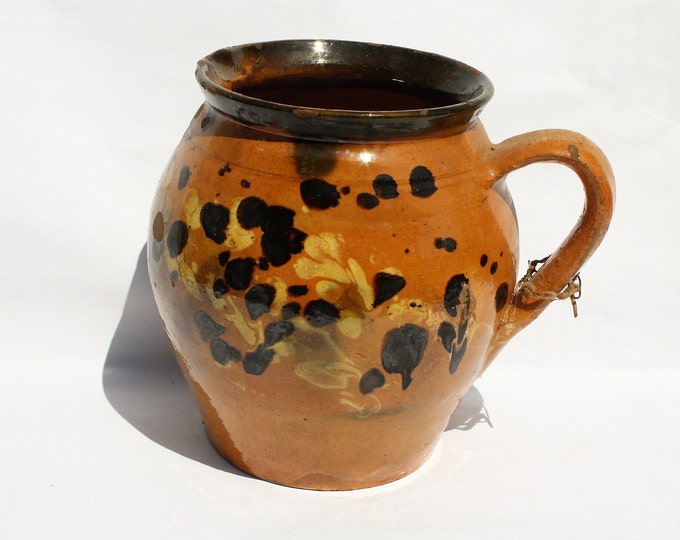 Antique Folk Traditional Splashed Glazed Milk Pitcher, Stoneware Jug