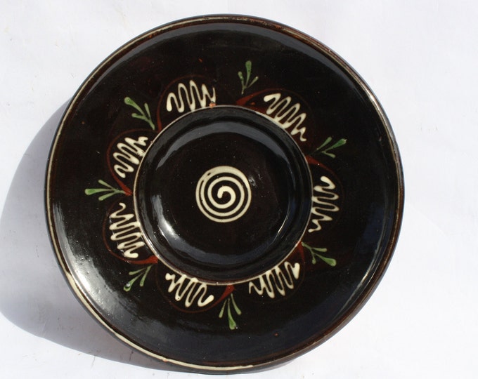 Traditional Folk Hungary Black Ceramic Plate, Hungarian Pottery Peasant Plate