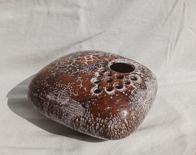 Ikebana Marble Glazed Vase, Ceramic Ikebana Dish, Vintage Ceramic Flower Peeble,Vase, Midcentury Art Pottery, Ikebana Bowl