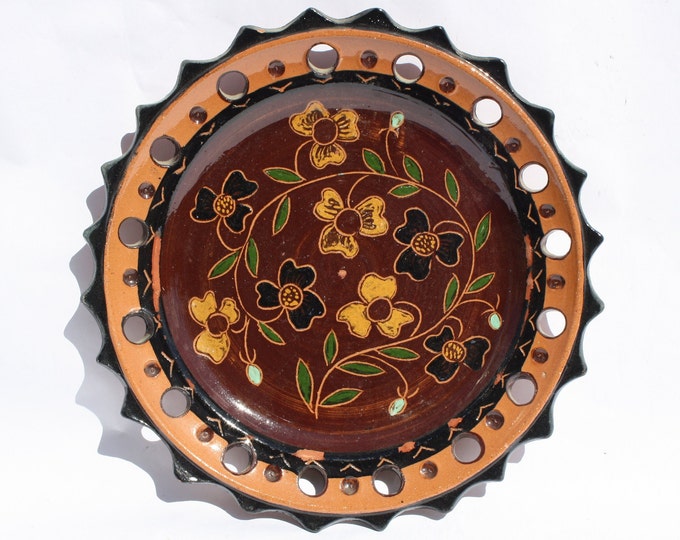 Folk Traditional Farmhouse Style Reticulated Plate, Hungarian Pottery Terracotta Wall Plate