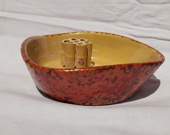 Vintage Orange Ceramic Ikebana Vase with Flower Frog
