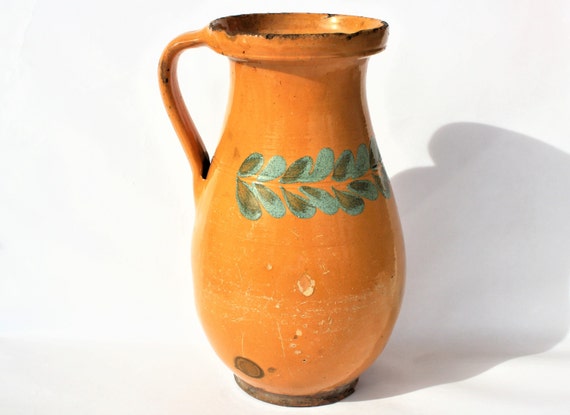 Antique Folk Stoneware Pitcher Flower Decorated Orange Water Jug