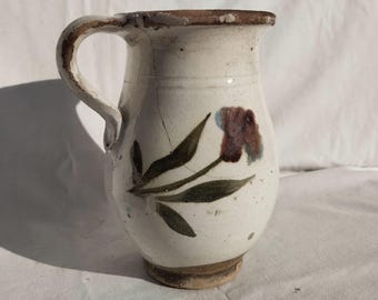 Antique Folk Traditional White Glazed Pitcher, White Stoneware Jug with Flower