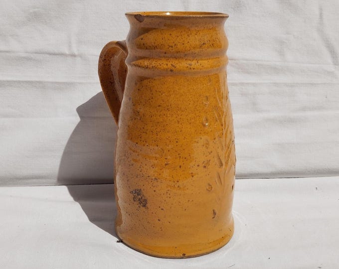 Antique Folk Stoneware Carved Pitcher, Flower Decorated Orange Water Jug