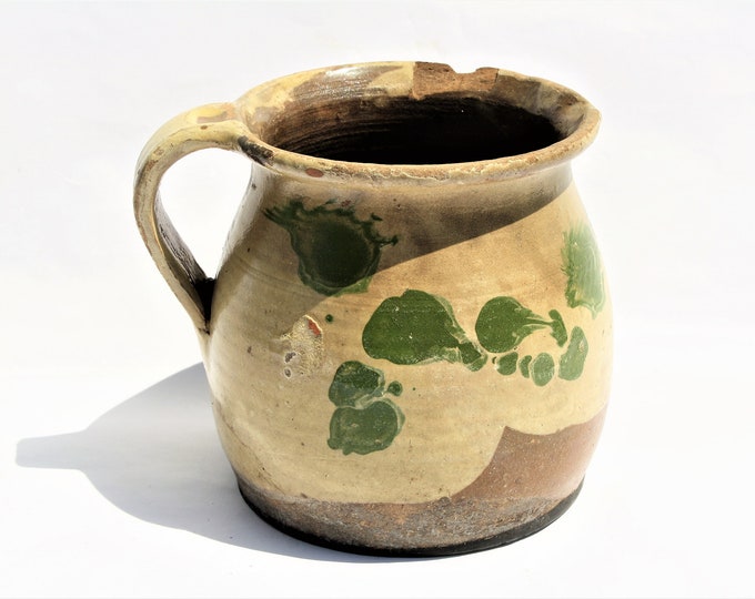 Antique Folk Traditional Splashed Glazed Pitcher, White Stoneware Jug