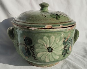 Folk Transylvania Green Glazed Ceramic Soup Bowl, Folk Flower Painted Holder