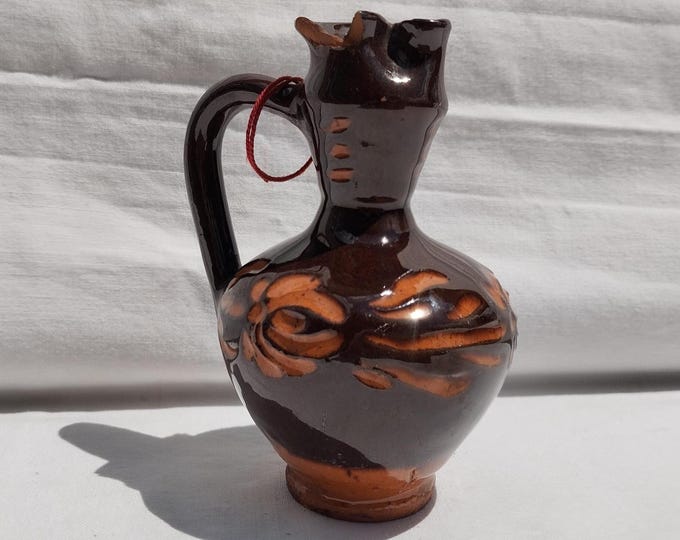 Vintage Little Dark Brown Folk Jar, Folk Pottery Carved Design Bottle
