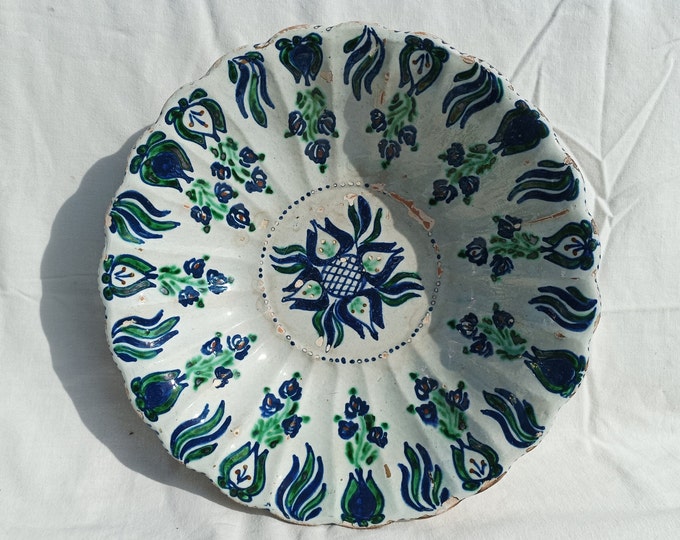 Antique Very Old Rare Traditional Hungary Clay Flower Decorated Stoneware Plate, Folk Pottery, Antique Peasant Plate from 1870's