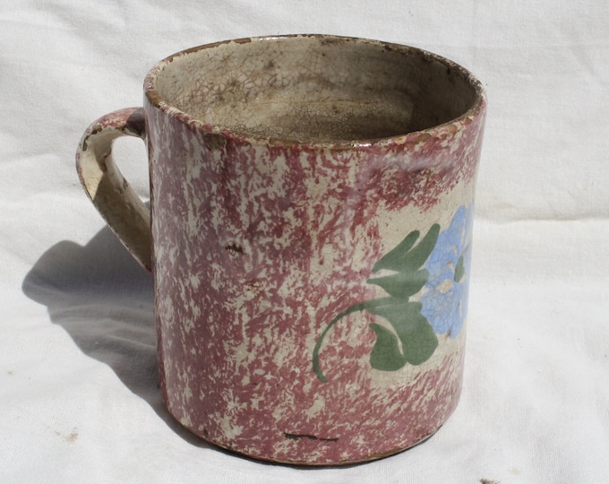 Antique Folk White and Pink Milk Mug, Stoneware Flower Decorated Hungarian Pitcher