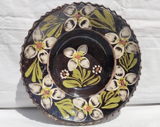 Traditional Folk Brown Clay Plate, Transylvania Pottery, Folk Ceramic, Antique Peasant Plate