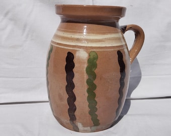 Antique Handpainted Folk Pottery Pitcher: Hungarian Stoneware Jug, 1800s