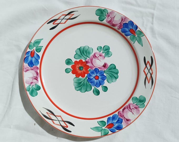 Traditional Vintage Flower Design Folk Stoneware Pottery Plate, Vintage Peasant Flower Plate