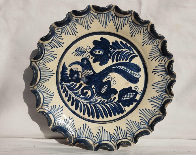 Clay Plate, Transylvania Korond Waved Edge Pottery, Folk Bird Pottery, Antique Peasant Plate, Blue Bird Plate