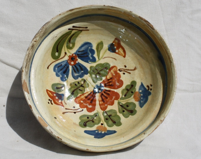 Traditional Antique Folk Clay Plate, Transylvania Pottery, Folk Plate, Antique Peasant Plate