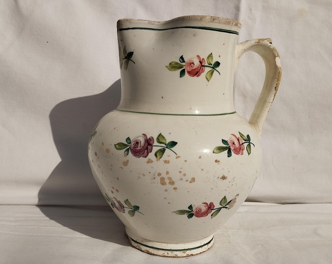 Antique Folk White Milk Jug, Stoneware Rose Flower Decorated Hungarian Pitcher