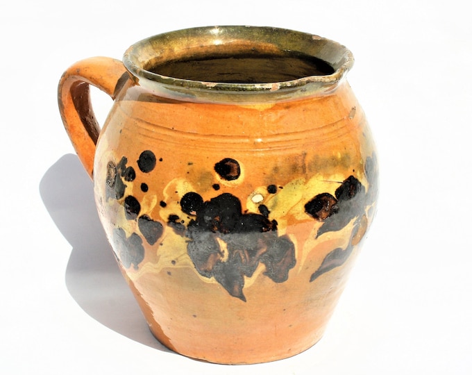 Antique Folk Traditional Splashed Glazed Milk Pitcher, Stoneware Jug