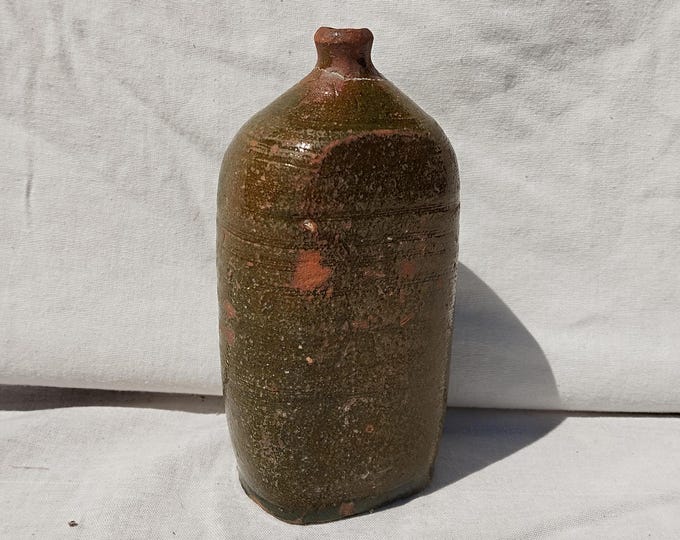 Antique Ceramic Flask, Old Green Bottle, Folk Vase, Folk Ceramic Flask, Clay Pitcher, Handpainted Vase