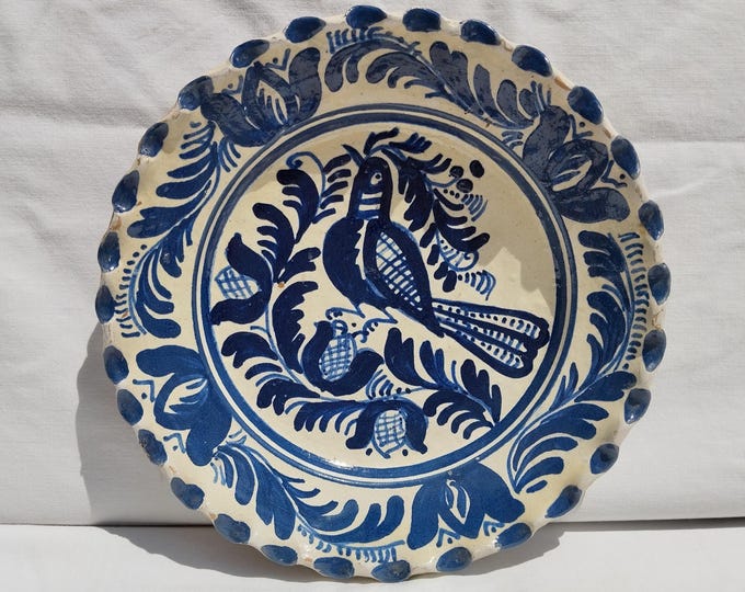 Traditional Folk Clay Plate, Transylvania Korond Pottery, Folk Bird Pottery, Antique Peasant Plate, Blue Bird Plate