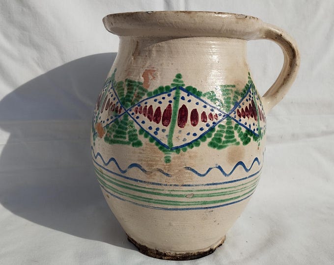 Antique Folk White Milk Jug, Stoneware Primitive Line Decorated Hungarian Pitcher
