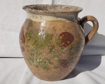 Antique Folk Stoneware Pitcher, Flower Decorated Orange Water Jug