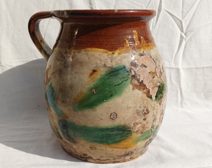 Huge Antique Marble Glazed Folk Pitcher, Folk Bottle, Handpainted Jug, Faience Jug, Folk Ewer