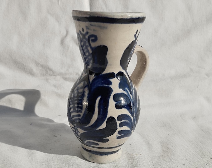 Traditional White Blue Ceramic Transylvania Vase, Antique Handpainted Blue Pottery