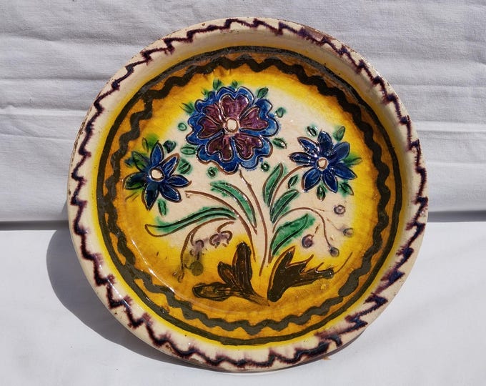 Traditional Folk Hungarian Flower Designed Colored Peasant Plate, Antique Stoneware Dish