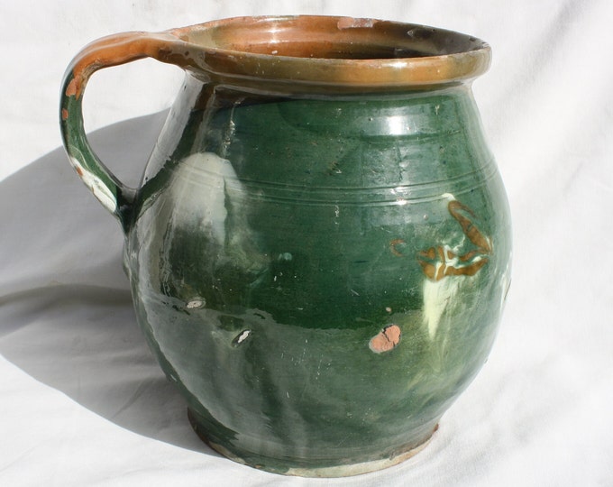 Huge Antique Marble Glazed Folk Green Pitcher, Folk Bottle, Handpainted Jug, Faience Jug, Folk Ewer