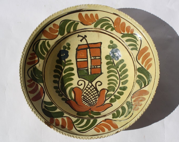 Antique Transylvania Traditional Colored Korond Folk Clay Plate, Corond Folk Farmhouse Decoration Pottery, Antique Peasant Plate