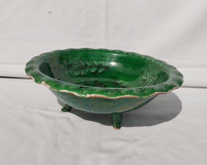 Antique Green Glazed Colander, Clay Vessel, Ceramic Strainer, Paste Filter, Black Engraved Ceramic Colander