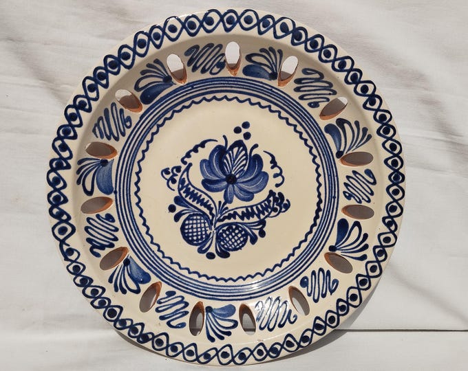 Reticulated Blue Flower Design Plate, Handpainted Wall Plate, Blue Wall Hanging, Kitchen Decoration, Rare Wall Hanging Plate