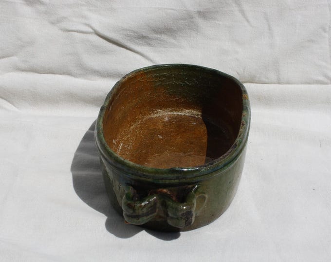 Antique Hungarian Traditional Folk Green Glazed Cooking Pan, Ethnographic Kitchen Decoration