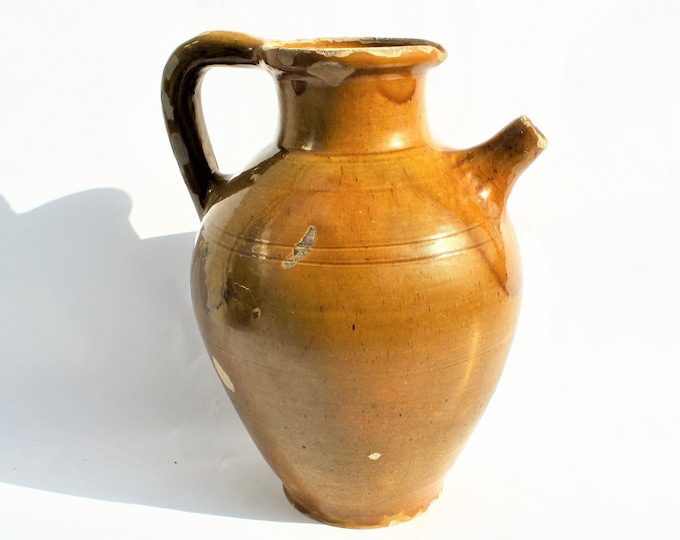 Antique Ocker Wine Pitcher with side Spout from early 20th century Antique Water Jug, French Style Faience Jug