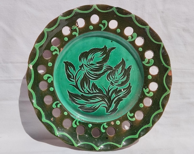 Green Folk Hungarian Plate, Carved Black Flower Decorated Ceramic Pottery
