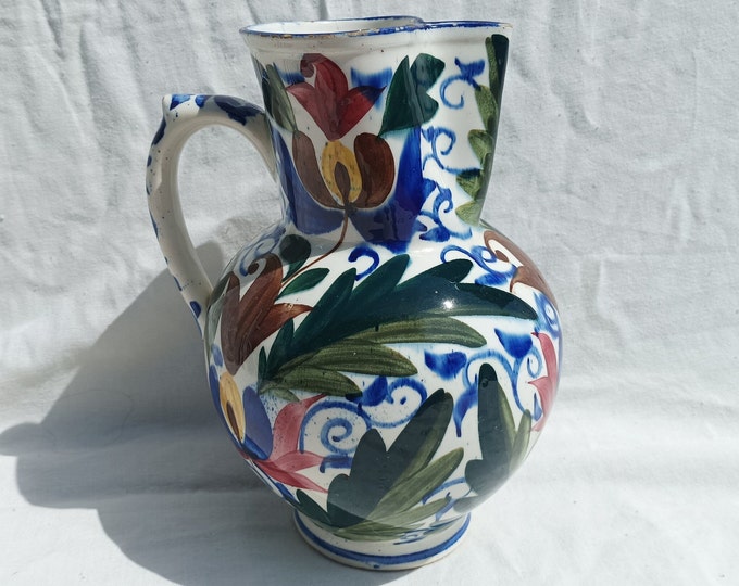 Traditional Antique Ceramic Hungarian Pitcher, Antique Handpainted Pottery Flower Decorated Varoslod Jug