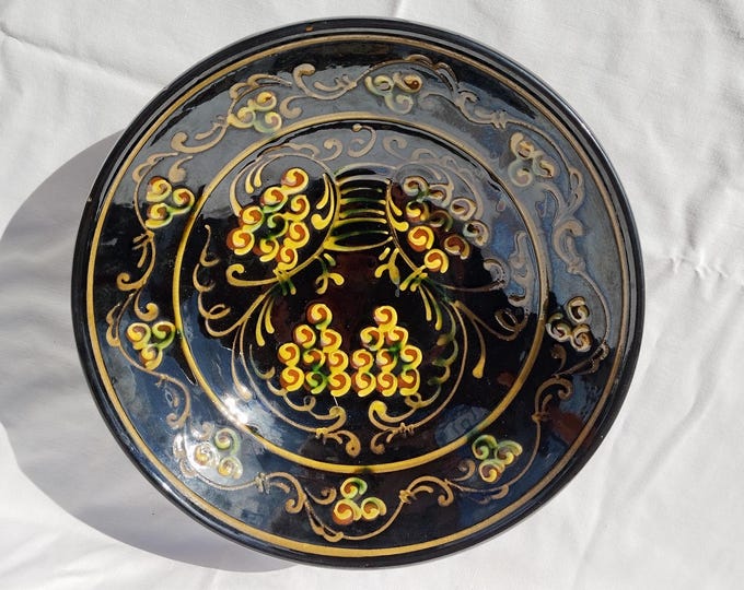 Traditional Huge Folk Flower Black Plate, Handpainted wall plate, Flower designed Wall Hanging, Kitchen Decoration, Rare Wall Hanging Plate