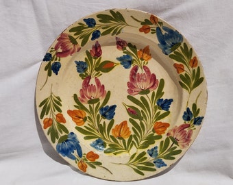 Huge Antique Hungarian Flower Decorated Folk Plate, Traditional Wall Hanging Decoration Pottery